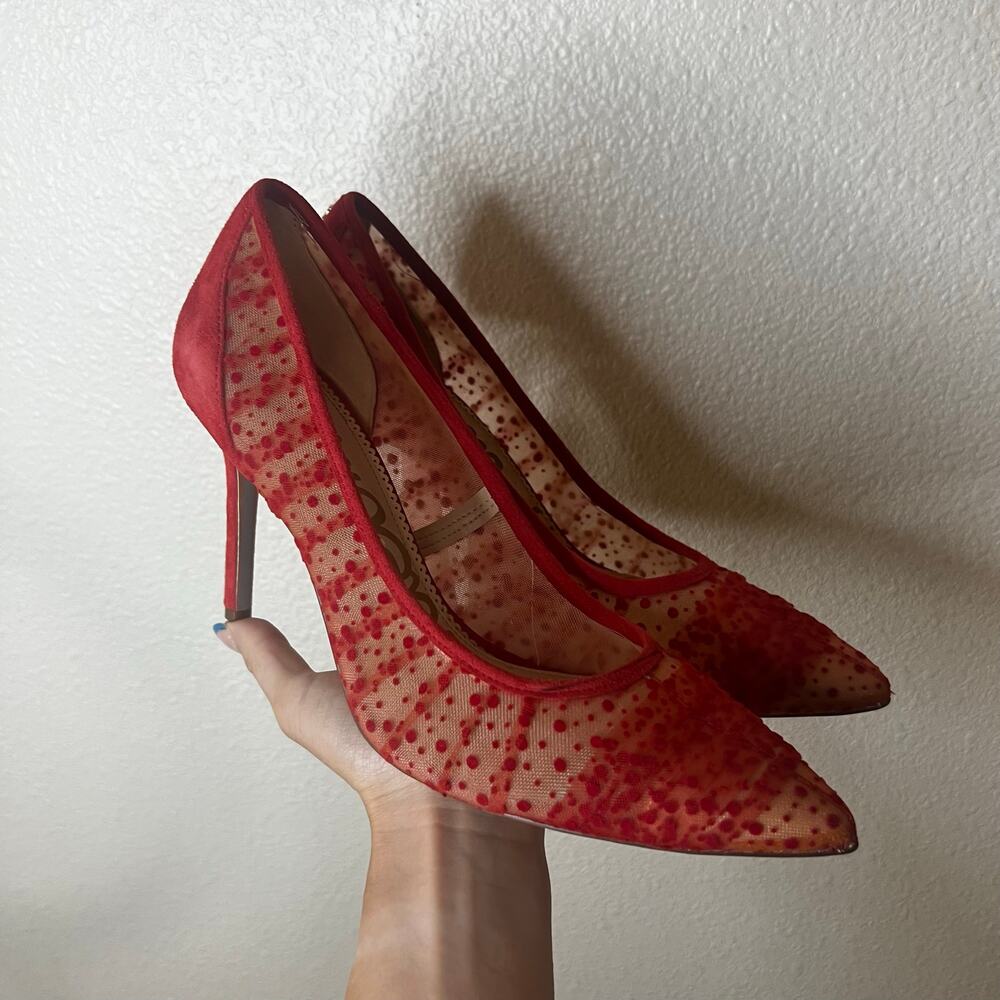 Sam Edelman hazel Passion Red Velvet Dot Tulle Stilleto Pumps Heels WOMENS 10 - Picture 7 of 7